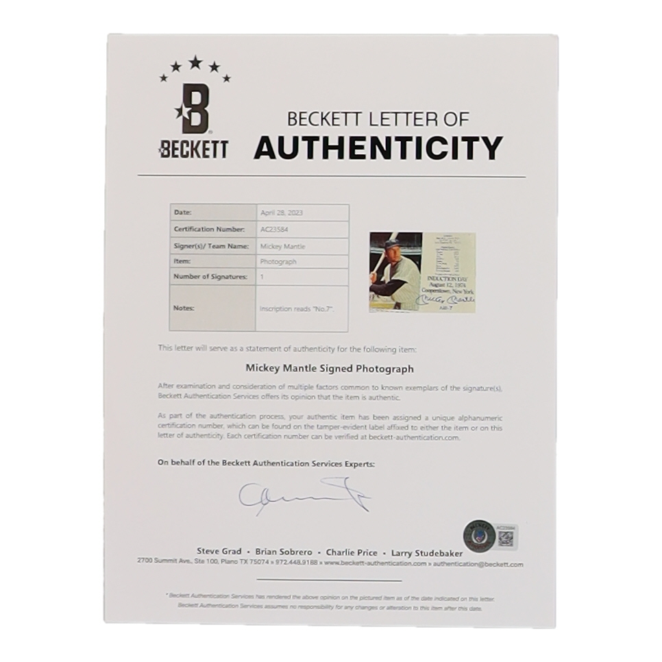 Mickey Mantle Signed Yankees 8x10 Hall of Fame Induction Day Photo Inscribed "No. 7" (Beckett) at PristineAuction.com Mickey Mantle Signed Yankees 8x10 Hall of Fame Induction Day Photo Inscribed "No. 7" (Beckett) at PristineAuction.com