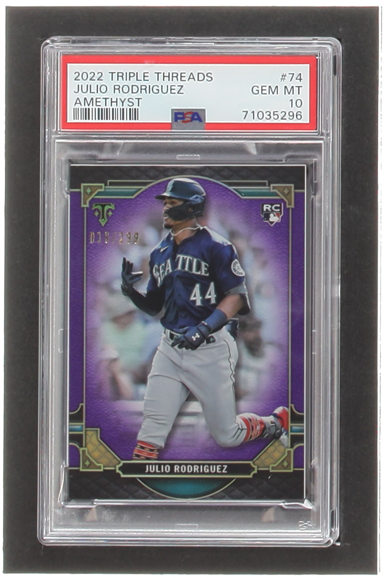 Julio Rodriguez 2022 Topps Triple Threads Amethyst #74 #16/299 (PSA 10) at PristineAuction.com Julio Rodriguez 2022 Topps Triple Threads Amethyst #74 #16/299 (PSA 10) at PristineAuction.com