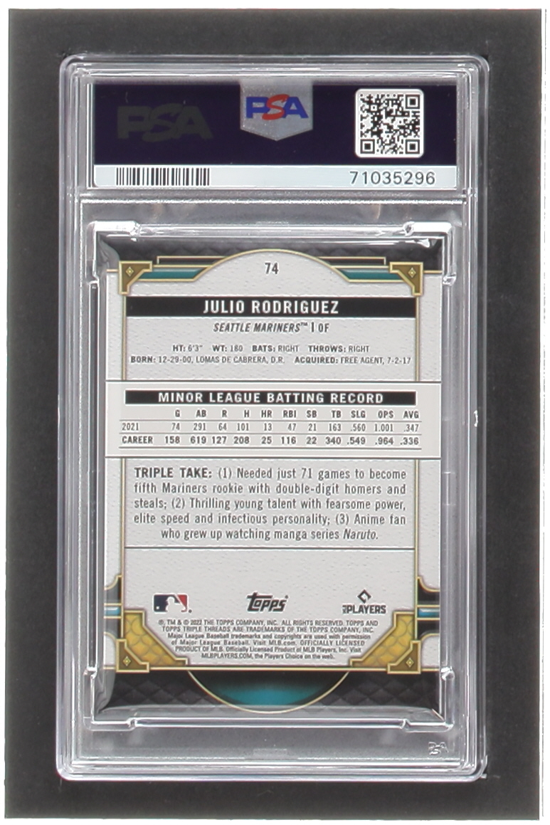 Julio Rodriguez 2022 Topps Triple Threads Amethyst #74 #16/299 (PSA 10) at PristineAuction.com Julio Rodriguez 2022 Topps Triple Threads Amethyst #74 #16/299 (PSA 10) at PristineAuction.com
