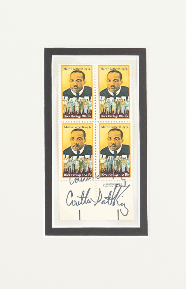 Coretta Scott King Signed Custom Matted Uncut Stamp Pane Display (Beckett) at PristineAuction.com Coretta Scott King Signed Custom Matted Uncut Stamp Pane Display (Beckett) at PristineAuction.com