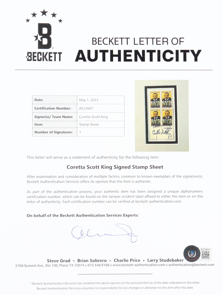 Coretta Scott King Signed Custom Matted Uncut Stamp Pane Display (Beckett) at PristineAuction.com Coretta Scott King Signed Custom Matted Uncut Stamp Pane Display (Beckett) at PristineAuction.com