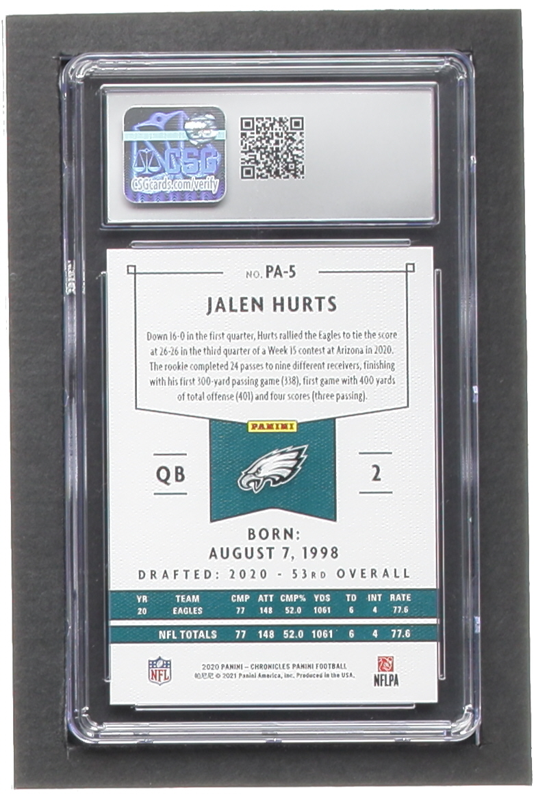 Jalen Hurts 2020 Panini #5 RC (CSG 9.5) at PristineAuction.com Jalen Hurts 2020 Panini #5 RC (CSG 9.5) at PristineAuction.com