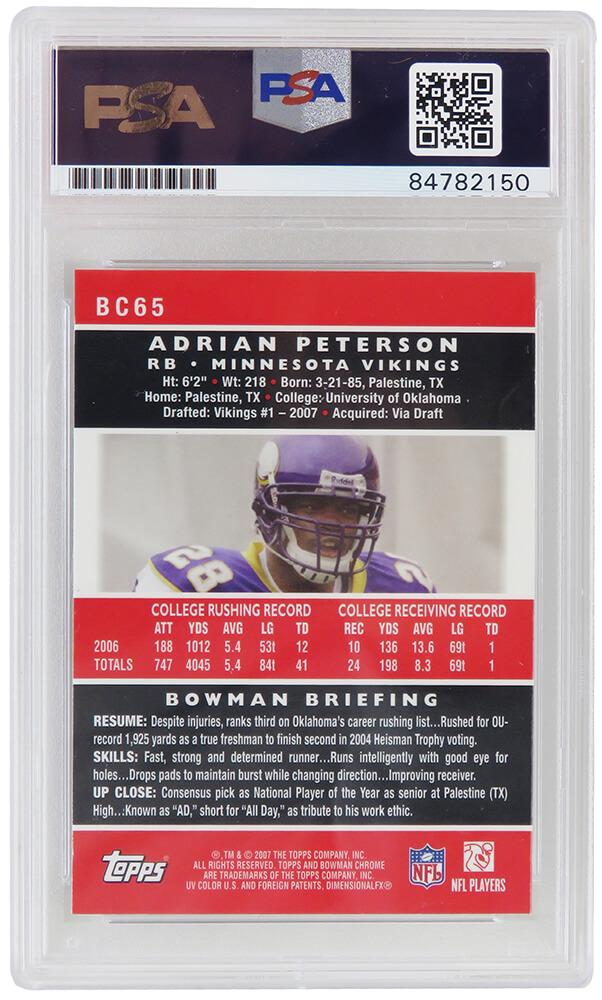 Adrian Peterson Signed 2007 Bowman Chrome #BC65 RC (PSA) at PristineAuction.com Adrian Peterson Signed 2007 Bowman Chrome #BC65 RC (PSA) at PristineAuction.com