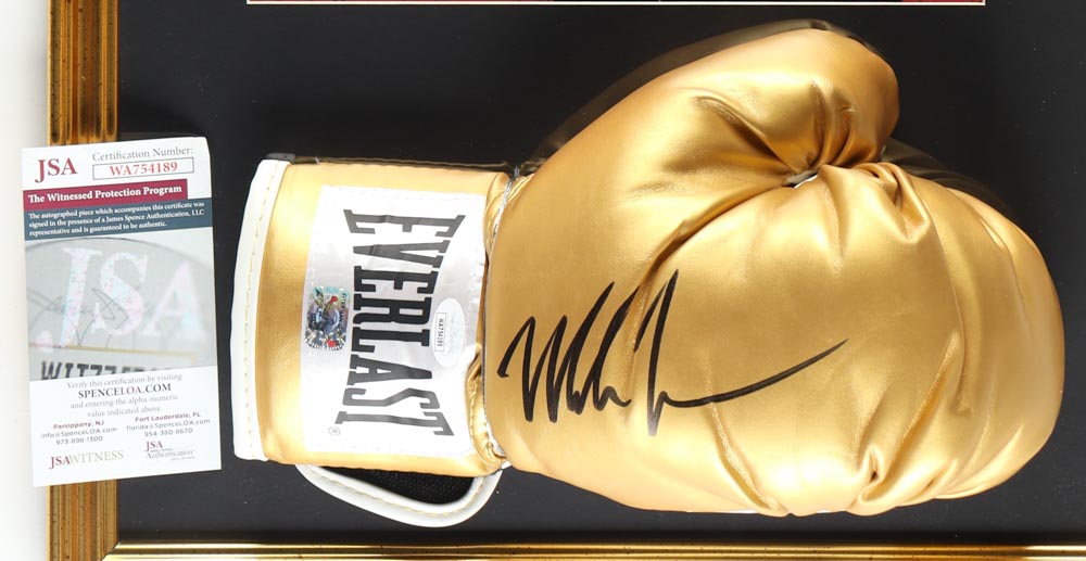 Mike Tyson Signed Custom Framed Everlast Boxing Glove Display with Tyson Print (JSA & Tyson) at PristineAuction.com Mike Tyson Signed Custom Framed Everlast Boxing Glove Display with Tyson Print (JSA & Tyson) at PristineAuction.com