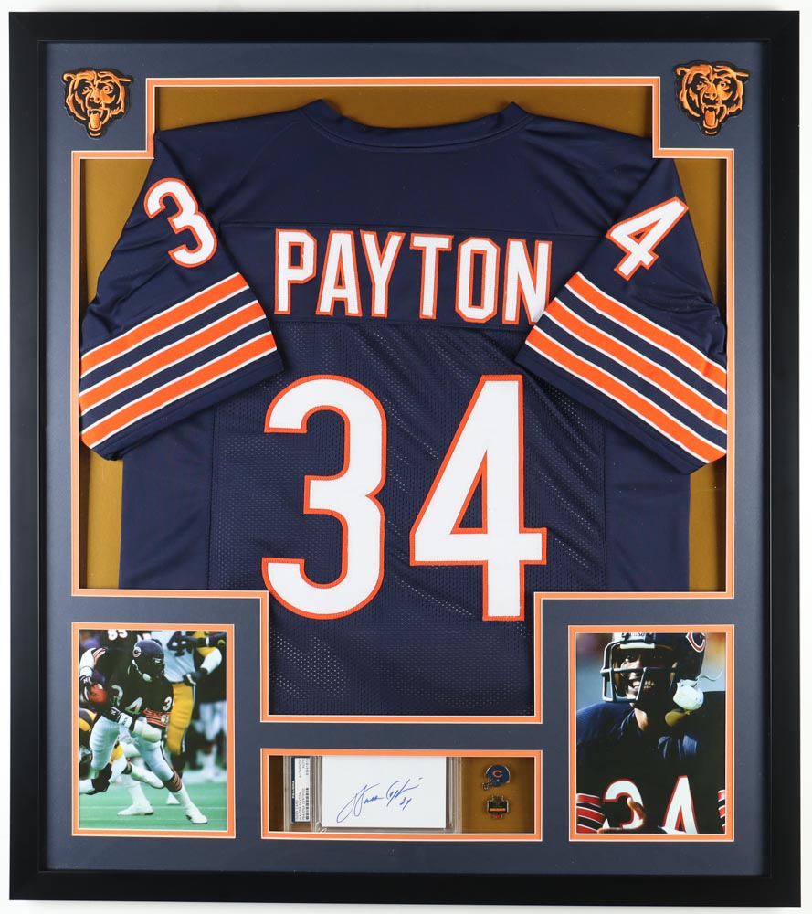 Walter Payton Signed Bears Custom Framed Cut Display with Jersey & (2) Pins (PSA) at PristineAuction.com Walter Payton Signed Bears Custom Framed Cut Display with Jersey & (2) Pins (PSA) at PristineAuction.com