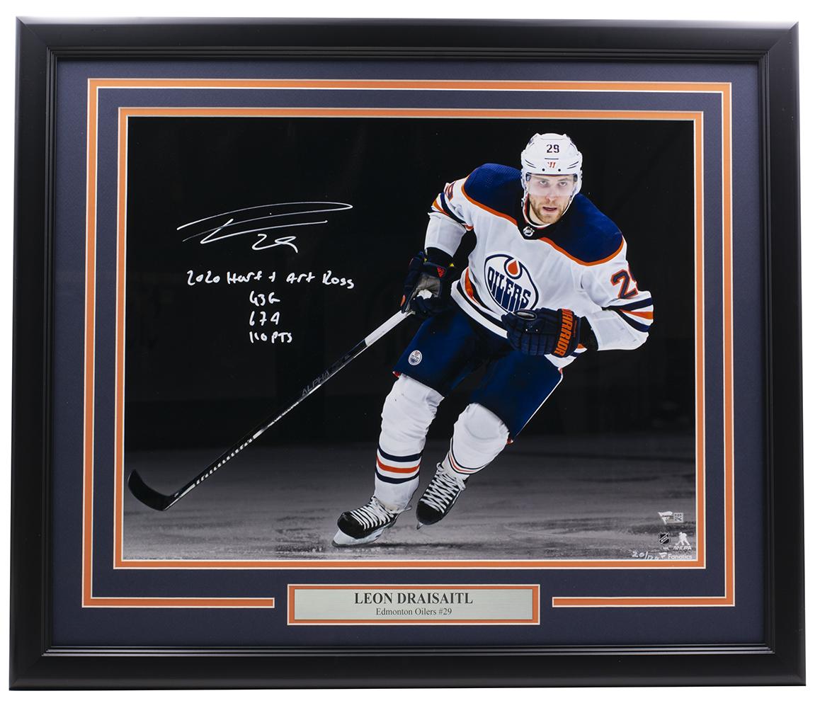 Leon Draisaitl Signed 22x27 Custom Framed Photo Display Inscribed "2020 HART + ART ROSS, 43 G-67A-110PTS" (Fanatics) at PristineAuction.com Leon Draisaitl Signed 22x27 Custom Framed Photo Display Inscribed "2020 HART + ART ROSS, 43 G-67A-110PTS" (Fanatics) at PristineAuction.com