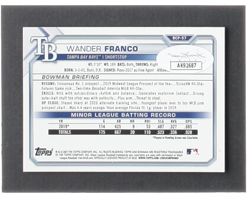 Wander Franco Signed 2021 Bowman Chrome Mega Box Prospects Refractors #BCP57 (JSA) at PristineAuction.com Wander Franco Signed 2021 Bowman Chrome Mega Box Prospects Refractors #BCP57 (JSA) at PristineAuction.com