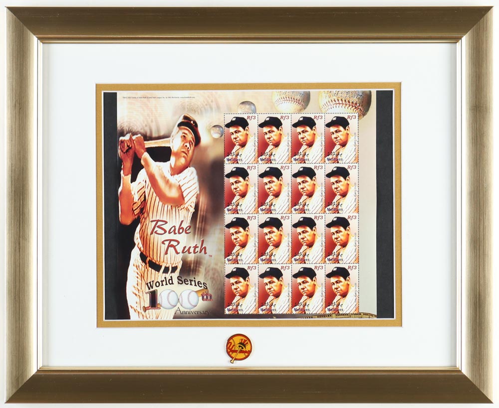 Babe Ruth Custom Framed 2003 Yankees Full Uncut Postage Stamp Sheet With (16) Stamps & Vintage Yankees Pin at PristineAuction.com Babe Ruth Custom Framed 2003 Yankees Full Uncut Postage Stamp Sheet With (16) Stamps & Vintage Yankees Pin at PristineAuction.com