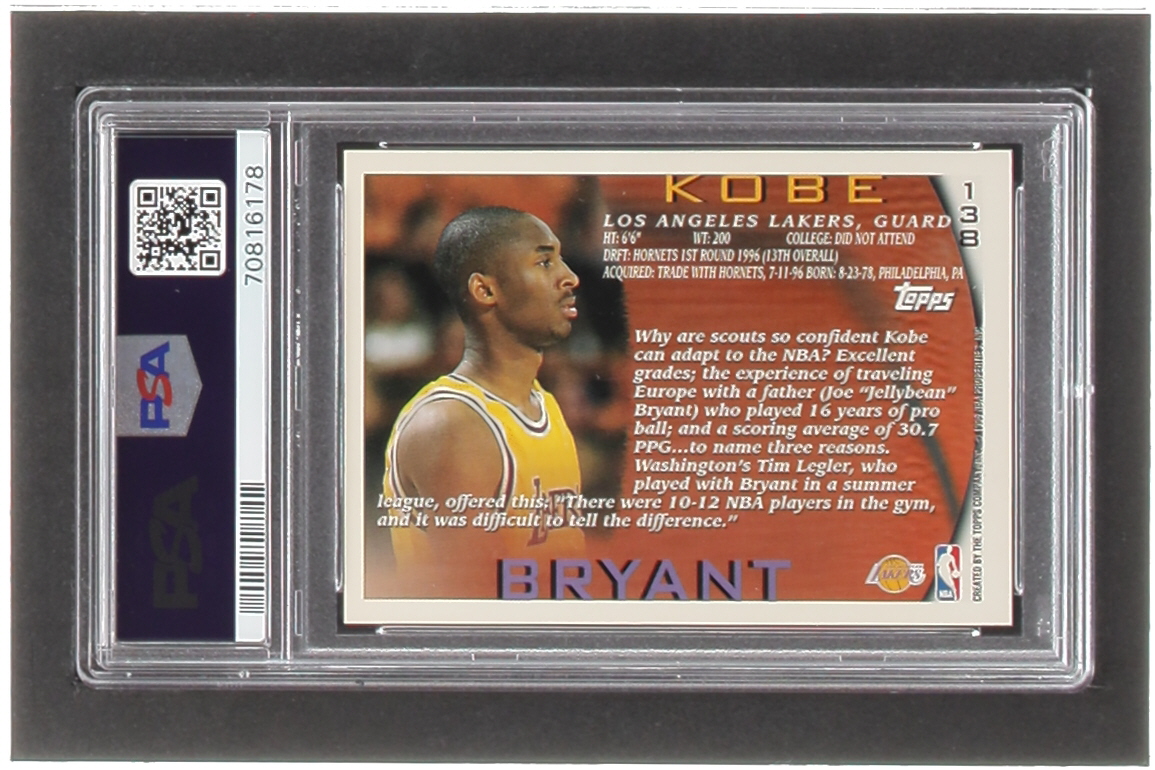 Kobe Bryant 1996-97 Topps #138 RC (PSA 9) at PristineAuction.com Kobe Bryant 1996-97 Topps #138 RC (PSA 9) at PristineAuction.com