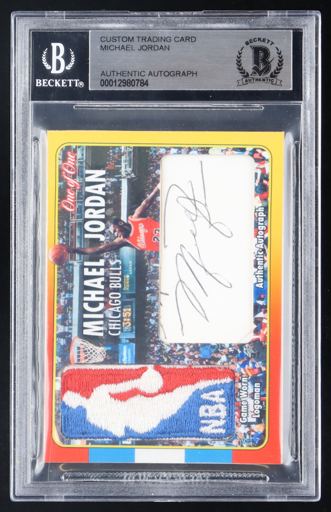 Michael Jordan Signed Cut In Custom Card With Warm-Up Jacket Logoman #1/1 (BGS) at PristineAuction.com Michael Jordan Signed Cut In Custom Card With Warm-Up Jacket Logoman #1/1 (BGS) at PristineAuction.com