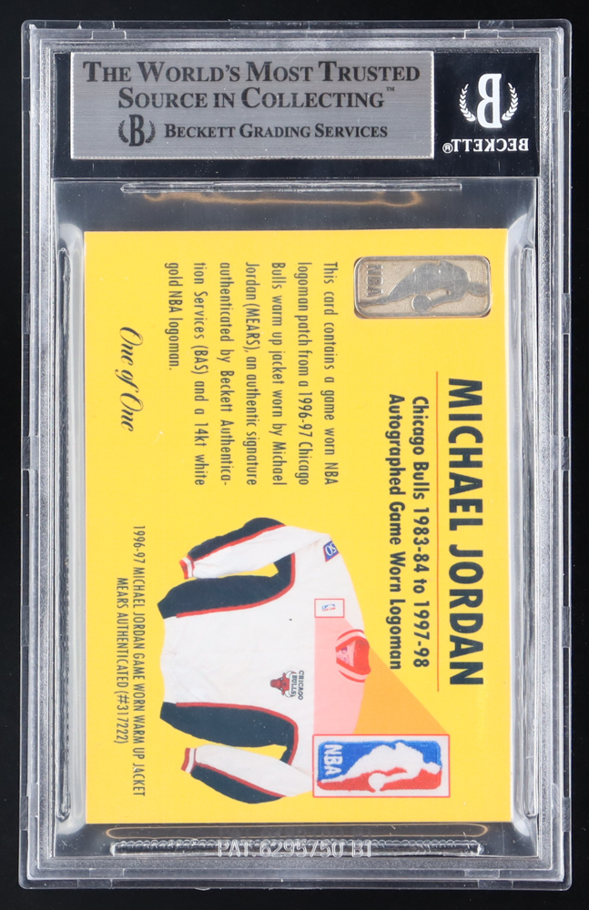 Michael Jordan Signed Cut In Custom Card With Warm-Up Jacket Logoman #1/1 (BGS) at PristineAuction.com Michael Jordan Signed Cut In Custom Card With Warm-Up Jacket Logoman #1/1 (BGS) at PristineAuction.com