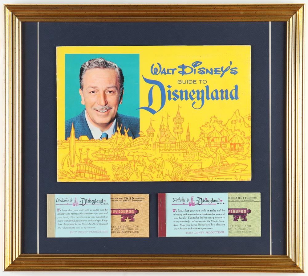 Walt Disney "Disneyland" Custom Framed 1962 Souvenir Guide Booklet with (2) Vintage Ticket Books at PristineAuction.com Walt Disney "Disneyland" Custom Framed 1962 Souvenir Guide Booklet with (2) Vintage Ticket Books at PristineAuction.com