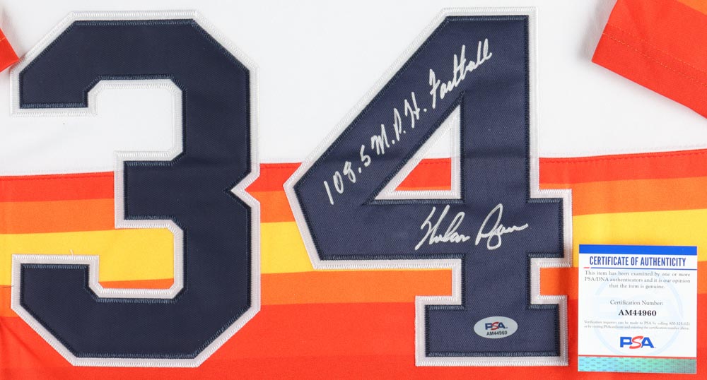 Nolan Ryan Signed Custom Framed Jersey Display With (2) Pins Inscribed "108.5 M.P.H. Fastball" (PSA) at PristineAuction.com Nolan Ryan Signed Custom Framed Jersey Display With (2) Pins Inscribed "108.5 M.P.H. Fastball" (PSA) at PristineAuction.com