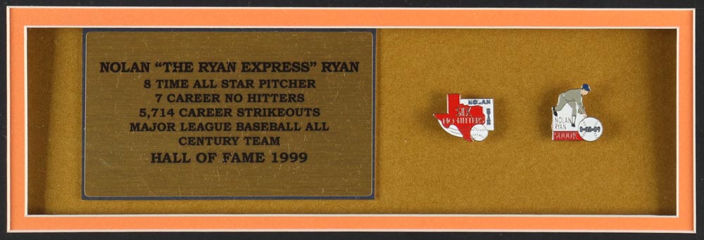 Nolan Ryan Signed Custom Framed Jersey Display With (2) Pins Inscribed "108.5 M.P.H. Fastball" (PSA) at PristineAuction.com Nolan Ryan Signed Custom Framed Jersey Display With (2) Pins Inscribed "108.5 M.P.H. Fastball" (PSA) at PristineAuction.com