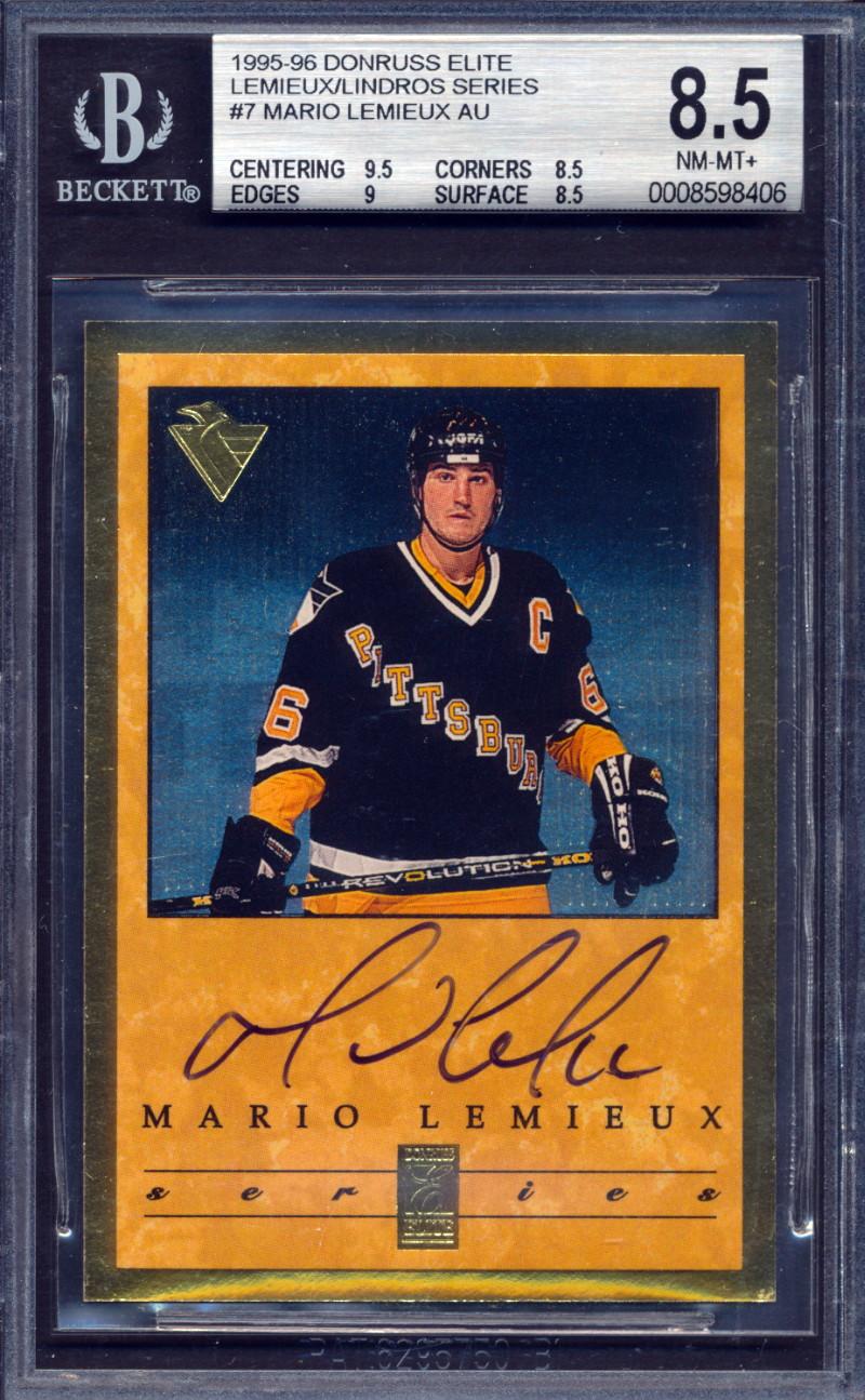 Mario Lemieux 1995-96 Donruss Elite Lemieux/Lindros Series #7 AU #637/1066 (BGS 8.5 | Autograph Graded 10) at PristineAuction.com Mario Lemieux 1995-96 Donruss Elite Lemieux/Lindros Series #7 AU #637/1066 (BGS 8.5 | Autograph Graded 10) at PristineAuction.com