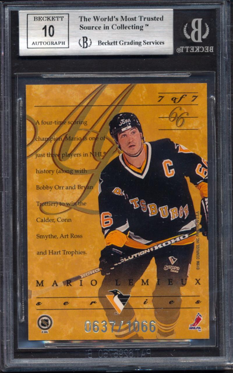 Mario Lemieux 1995-96 Donruss Elite Lemieux/Lindros Series #7 AU #637/1066 (BGS 8.5 | Autograph Graded 10) at PristineAuction.com Mario Lemieux 1995-96 Donruss Elite Lemieux/Lindros Series #7 AU #637/1066 (BGS 8.5 | Autograph Graded 10) at PristineAuction.com