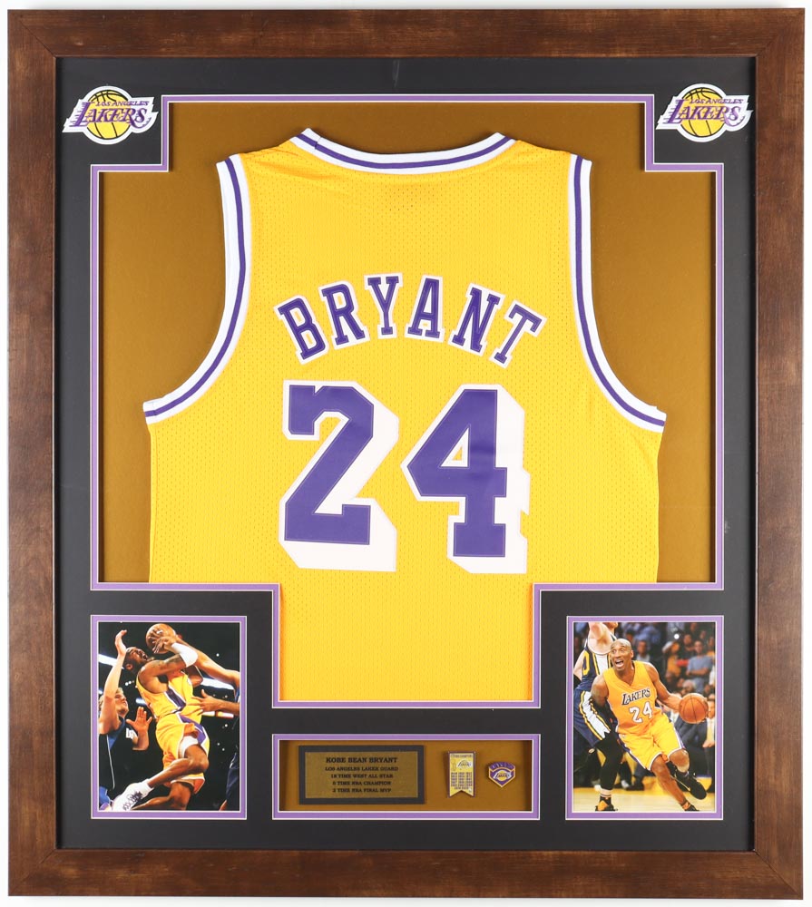 Kobe Bryant Custom Framed Jersey Display with (2) Pins at PristineAuction.com Kobe Bryant Custom Framed Jersey Display with (2) Pins at PristineAuction.com