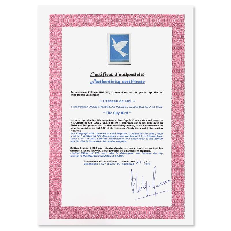 Rene Magritte "L'Oiseau de Ciel (The Sky Bird)" Custom Framed LE Lithograph (PA) at PristineAuction.com Rene Magritte "L'Oiseau de Ciel (The Sky Bird)" Custom Framed LE Lithograph (PA) at PristineAuction.com
