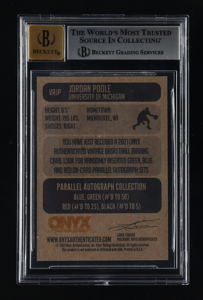 Jordan Poole 2021-22 Onyx Vintage Autographs #VAJP (BGS 9 | Autograph Graded BGS 10) at PristineAuction.com Jordan Poole 2021-22 Onyx Vintage Autographs #VAJP (BGS 9 | Autograph Graded BGS 10) at PristineAuction.com