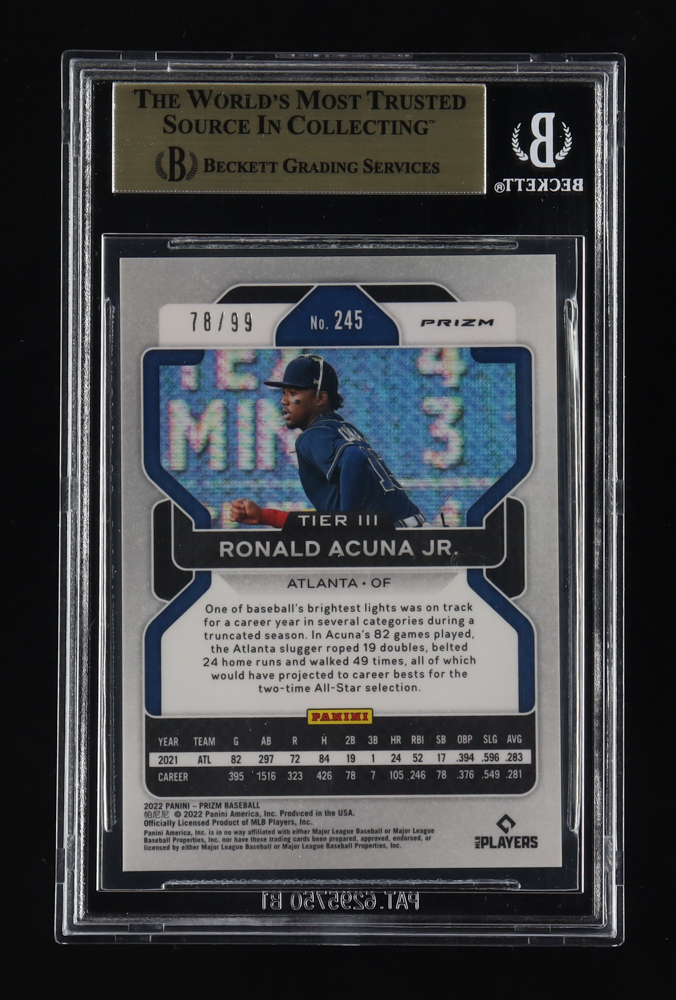 Ronald Acuna Jr. 2022 Panini Prizm Prizms Red Donut Circles #245 T3 #78/99 (BGS 9.5) at PristineAuction.com Ronald Acuna Jr. 2022 Panini Prizm Prizms Red Donut Circles #245 T3 #78/99 (BGS 9.5) at PristineAuction.com