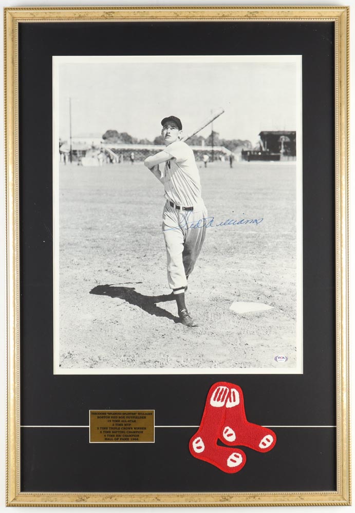 Ted Williams Signed Red Sox Custom Framed Photo Display With Cloth Patch (PSA) at PristineAuction.com Ted Williams Signed Red Sox Custom Framed Photo Display With Cloth Patch (PSA) at PristineAuction.com