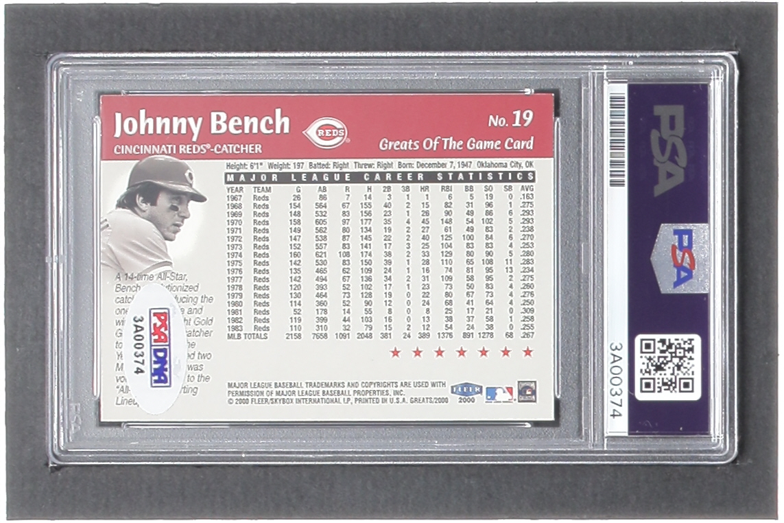 Johnny Bench Signed 2000 Greats of the Game #19 Inscribed "HOF 89" (PSA) at PristineAuction.com Johnny Bench Signed 2000 Greats of the Game #19 Inscribed "HOF 89" (PSA) at PristineAuction.com
