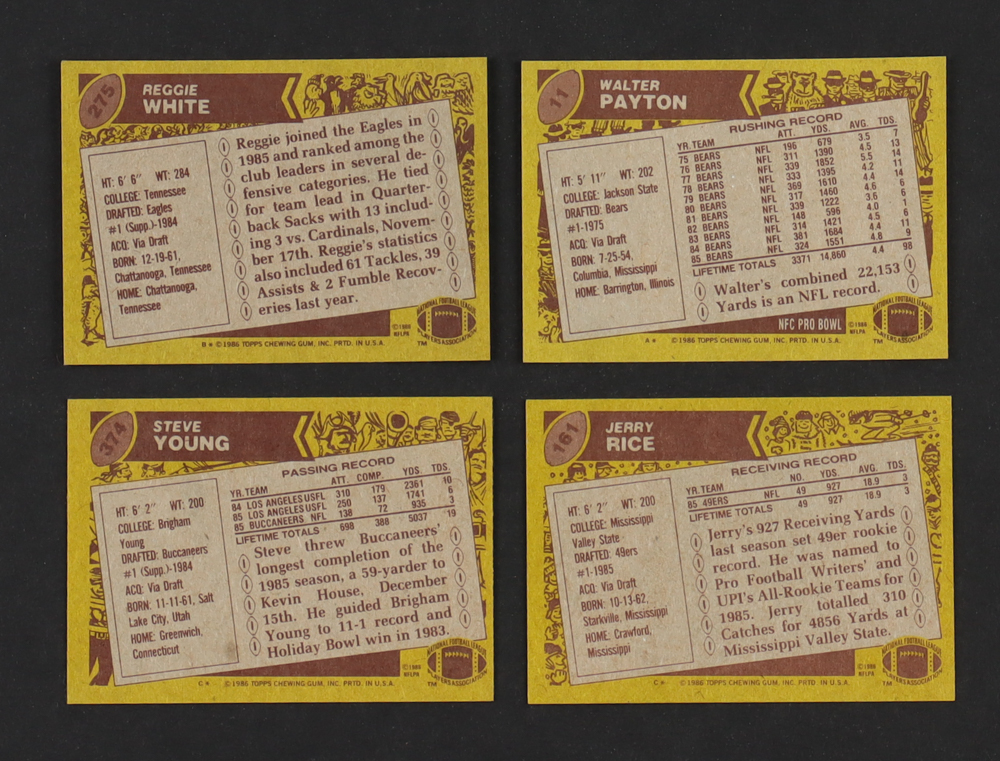 1986 Topps Football Complete Set of (396) Cards with Jerry Rice #161 RC, Steve Young #374 RC, Reggie White #275 RC, Walter Payton AP #11 at PristineAuction.com 1986 Topps Football Complete Set of (396) Cards with Jerry Rice #161 RC, Steve Young #374 RC, Reggie White #275 RC, Walter Payton AP #11 at PristineAuction.com