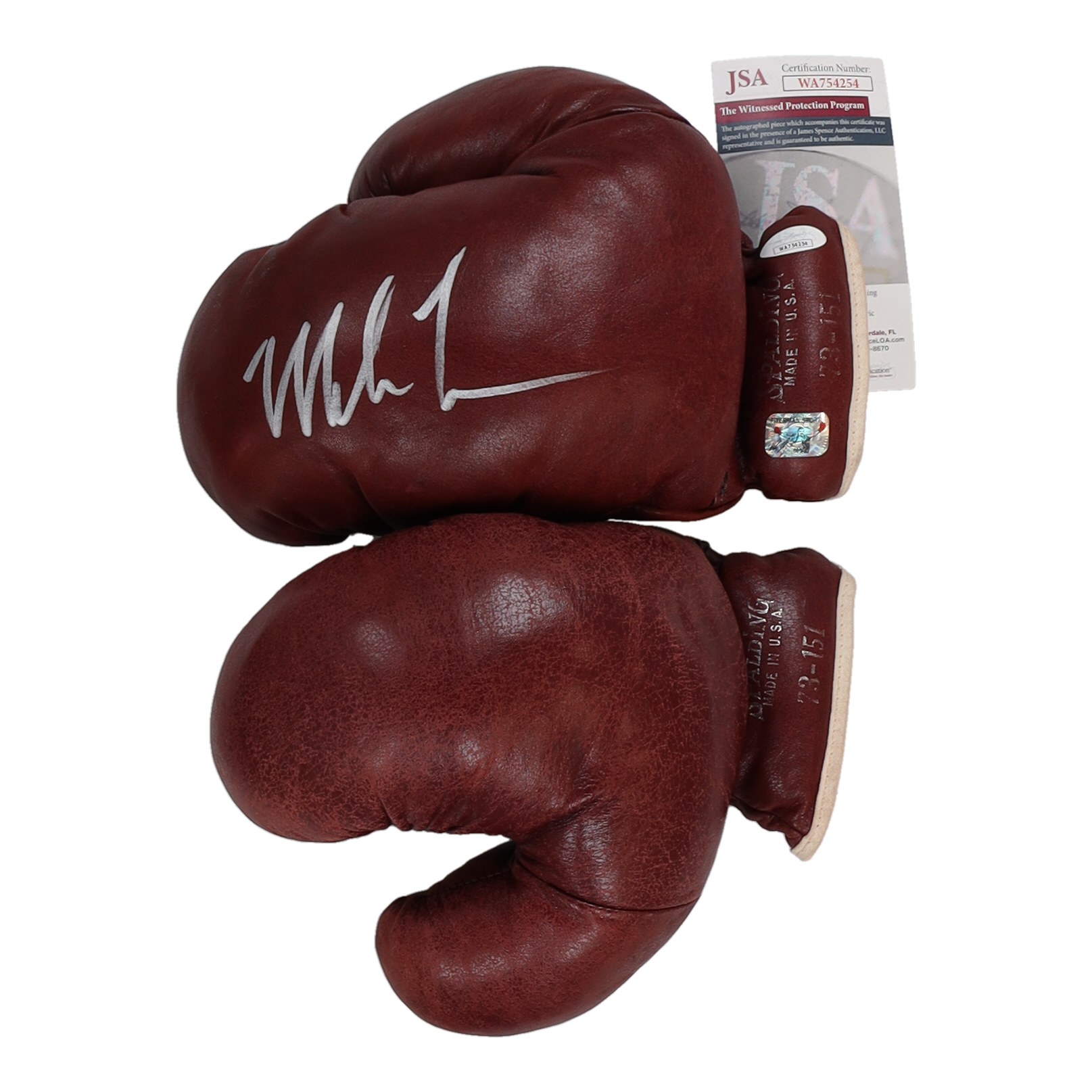 Mike Tyson Signed Pair of (2) Spalding 1960s Burgundy Leather Boxing Gloves (JSA & Tyson) at PristineAuction.com Mike Tyson Signed Pair of (2) Spalding 1960s Burgundy Leather Boxing Gloves (JSA & Tyson) at PristineAuction.com