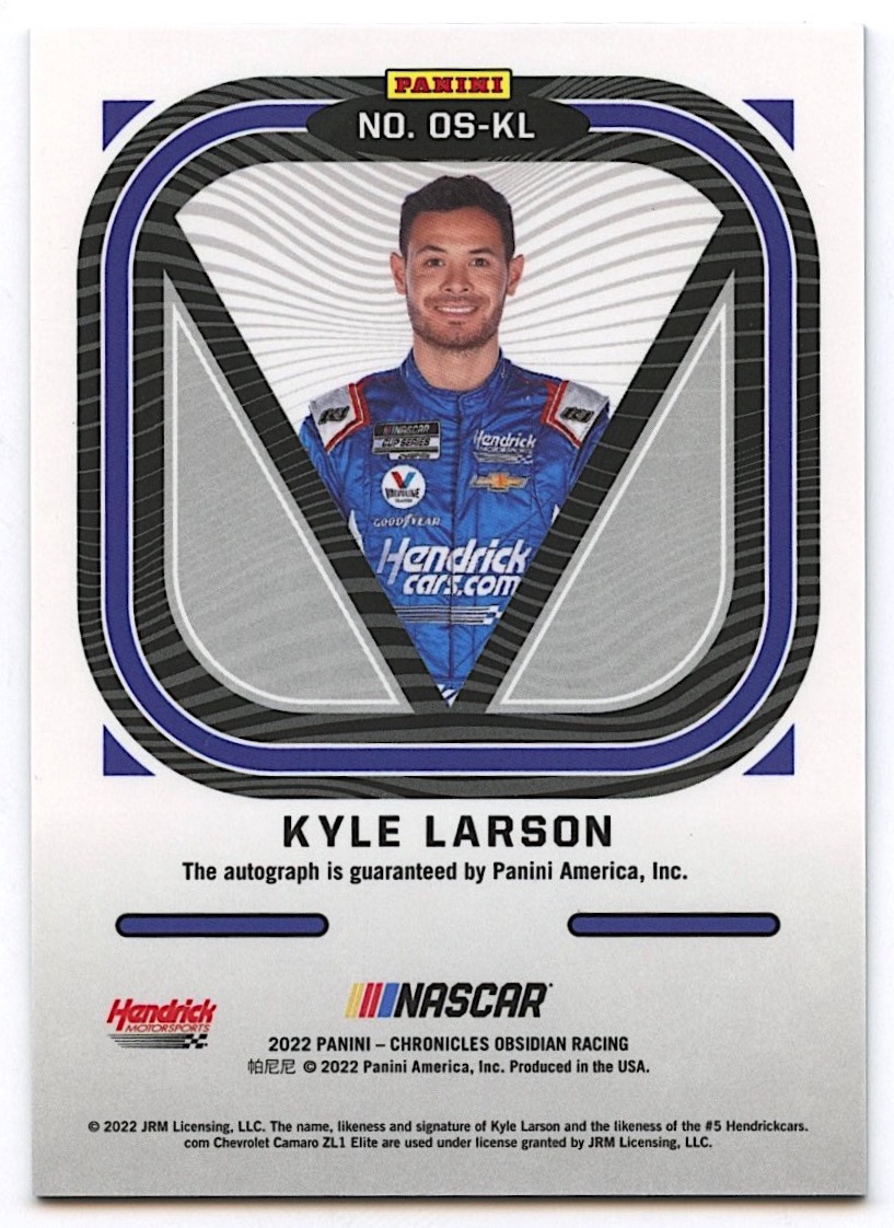 Kyle Larson 2022 Panini Chronicles Obsidian Signatures #1 Autograph at PristineAuction.com Kyle Larson 2022 Panini Chronicles Obsidian Signatures #1 Autograph at PristineAuction.com
