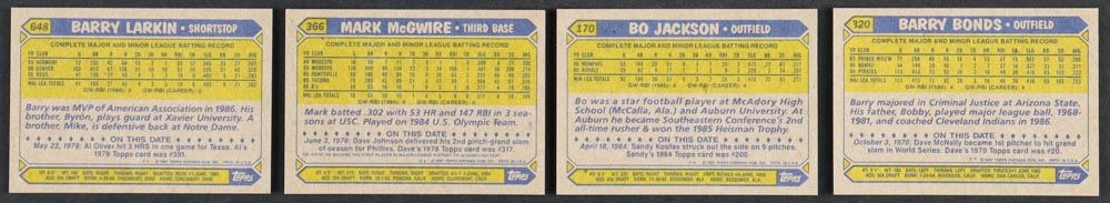 1987 Topps Baseball Complete Set of (792) Cards with Barry Bonds #320 RC, Bo Jackson #170 RC, Mark McGwire #366, Barry Larkin #648 RC at PristineAuction.com 1987 Topps Baseball Complete Set of (792) Cards with Barry Bonds #320 RC, Bo Jackson #170 RC, Mark McGwire #366, Barry Larkin #648 RC at PristineAuction.com
