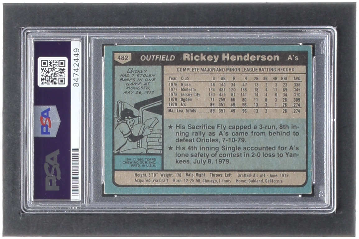 Rickey Henderson Signed 1980 Topps #482 RC (PSA | Autograph Graded 10) at PristineAuction.com Rickey Henderson Signed 1980 Topps #482 RC (PSA | Autograph Graded 10) at PristineAuction.com