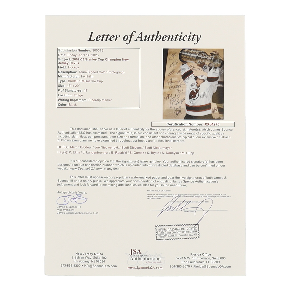 2002 Devils Stanley Cup Champions 16x20 Photo Team-Signed By (17) With Martin Brodeur, Joe Nieuwendyk, Scott Stevens, Scott Niedermayer (JSA) at PristineAuction.com 2002 Devils Stanley Cup Champions 16x20 Photo Team-Signed By (17) With Martin Brodeur, Joe Nieuwendyk, Scott Stevens, Scott Niedermayer (JSA) at PristineAuction.com