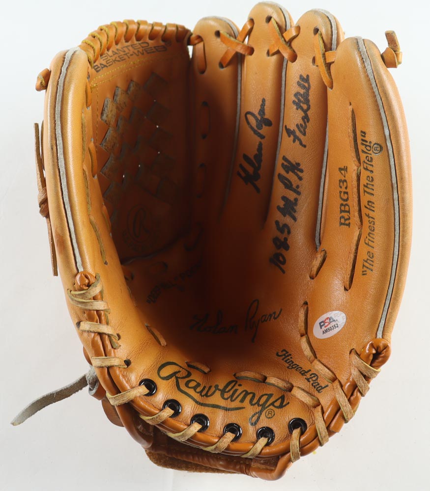 Nolan Ryan Signed Rawlings Nolan Ryan Model Baseball Glove Inscribed "108.5 MPH Fastball" with Display Stand (PSA) at PristineAuction.com Nolan Ryan Signed Rawlings Nolan Ryan Model Baseball Glove Inscribed "108.5 MPH Fastball" with Display Stand (PSA) at PristineAuction.com