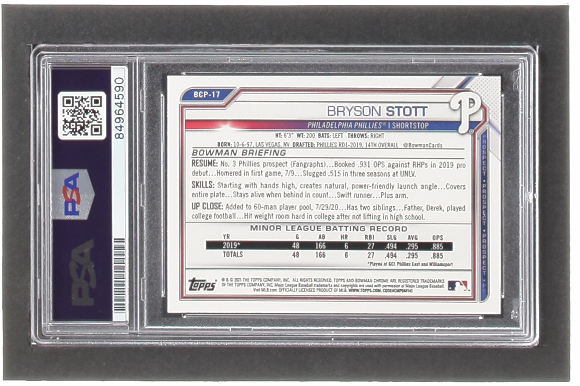 Bryson Stott Signed 2021 Bowman Chrome Prospects #BCP17 RC (PSA) at PristineAuction.com Bryson Stott Signed 2021 Bowman Chrome Prospects #BCP17 RC (PSA) at PristineAuction.com
