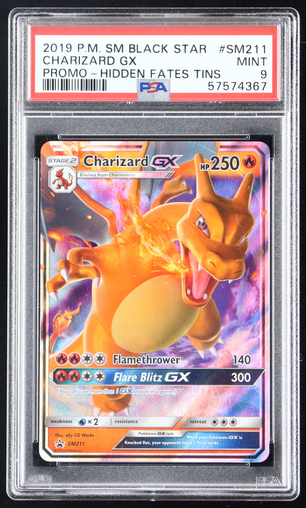Charizard GX 2019 Pokemon Sun and Moon Hidden Fates Tins #SM211 (PSA 9) at PristineAuction.com Charizard GX 2019 Pokemon Sun and Moon Hidden Fates Tins #SM211 (PSA 9) at PristineAuction.com