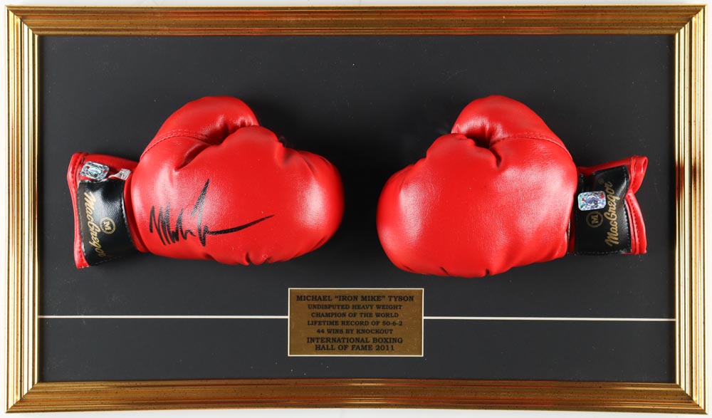 Mike Tyson Signed Custom Framed Boxing Glove Set Display (JSA & Tyson) at PristineAuction.com Mike Tyson Signed Custom Framed Boxing Glove Set Display (JSA & Tyson) at PristineAuction.com