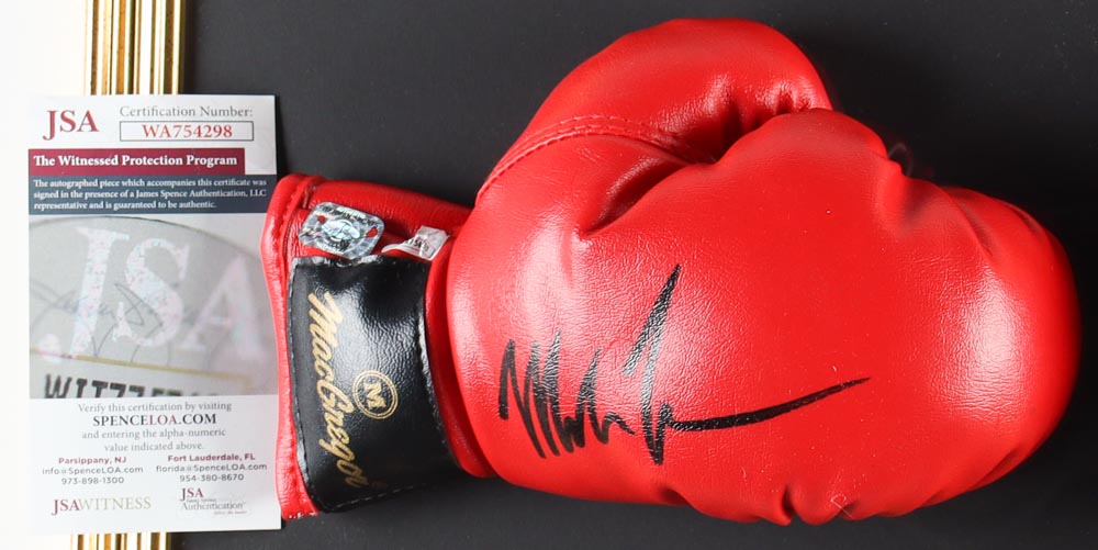 Mike Tyson Signed Custom Framed Boxing Glove Set Display (JSA & Tyson) at PristineAuction.com Mike Tyson Signed Custom Framed Boxing Glove Set Display (JSA & Tyson) at PristineAuction.com