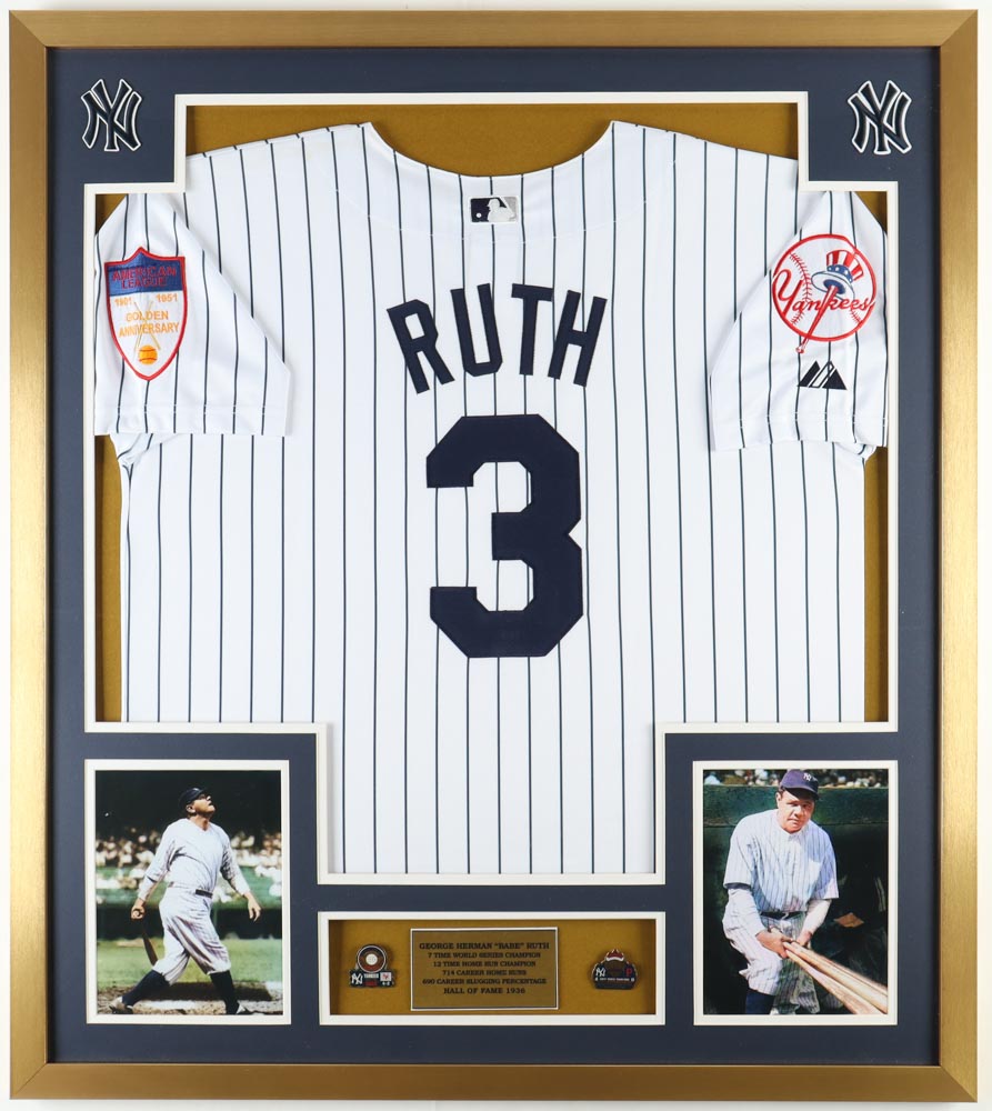 Babe Ruth Yankees Custom Framed Jersey Display with 1927 & 1923 Official World Series Pins at PristineAuction.com Babe Ruth Yankees Custom Framed Jersey Display with 1927 & 1923 Official World Series Pins at PristineAuction.com