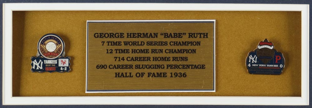 Babe Ruth Yankees Custom Framed Jersey Display with 1927 & 1923 Official World Series Pins at PristineAuction.com Babe Ruth Yankees Custom Framed Jersey Display with 1927 & 1923 Official World Series Pins at PristineAuction.com