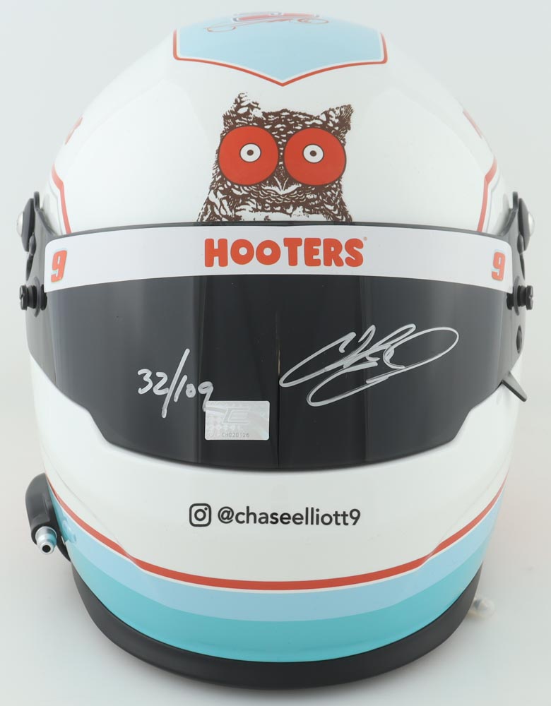 Chase Elliott Signed LE NASCAR 2022 Hooters Full-Size Helmet (Elliott) at PristineAuction.com Chase Elliott Signed LE NASCAR 2022 Hooters Full-Size Helmet (Elliott) at PristineAuction.com