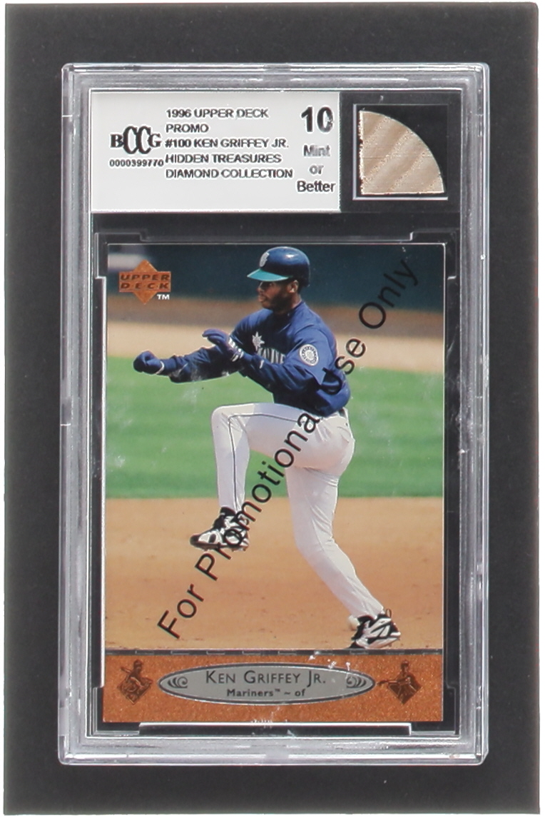 Ken Griffey Jr. 1996 Upper Deck #P100 Promo with Game-Used Bat Piece (BCCG 10) at PristineAuction.com Ken Griffey Jr. 1996 Upper Deck #P100 Promo with Game-Used Bat Piece (BCCG 10) at PristineAuction.com
