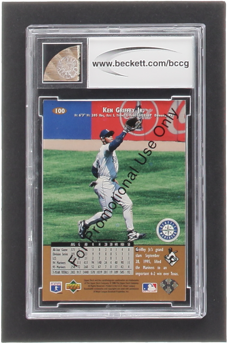 Ken Griffey Jr. 1996 Upper Deck #P100 Promo with Game-Used Bat Piece (BCCG 10) at PristineAuction.com Ken Griffey Jr. 1996 Upper Deck #P100 Promo with Game-Used Bat Piece (BCCG 10) at PristineAuction.com