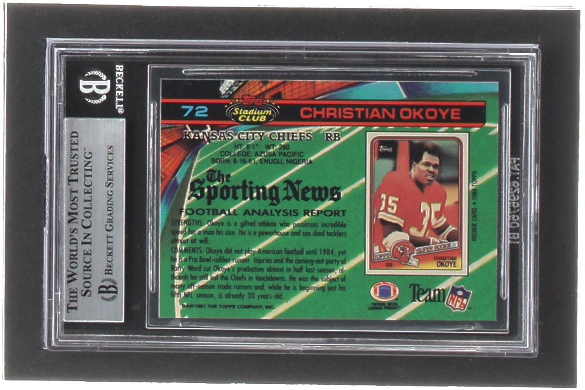 Christian Okoye 1991 Stadium Club #72 (BGS 9) at PristineAuction.com Christian Okoye 1991 Stadium Club #72 (BGS 9) at PristineAuction.com