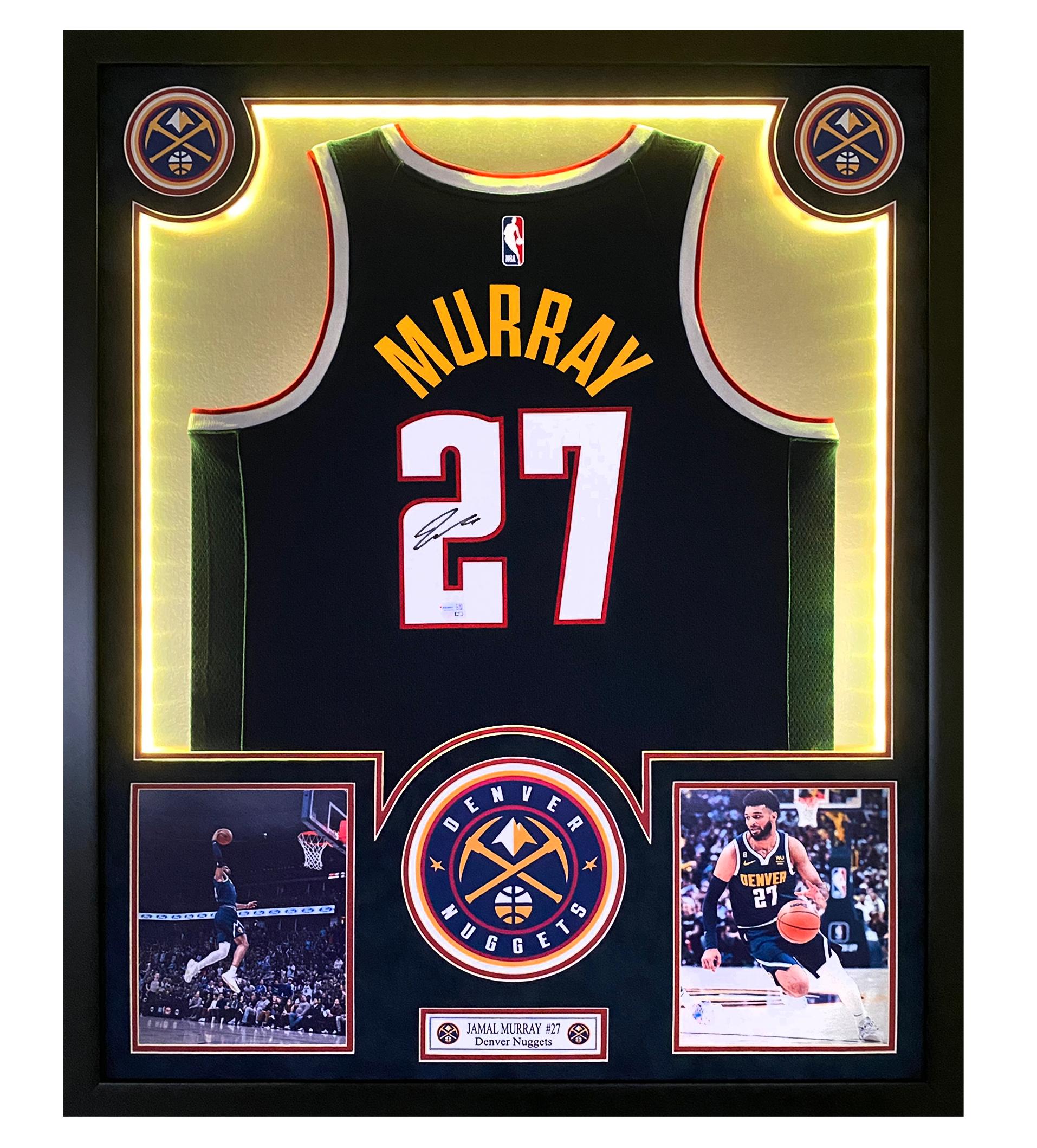 Jamal Murray Signed Nuggets 32x40 Custom Framed Jersey Display with LED Lights (Fanatics) at PristineAuction.com Jamal Murray Signed Nuggets 32x40 Custom Framed Jersey Display with LED Lights (Fanatics) at PristineAuction.com