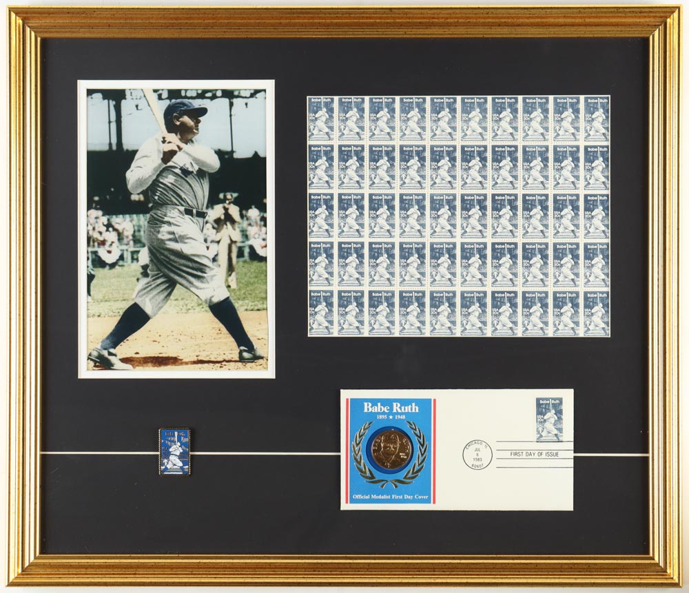 Babe Ruth 1983 Full Uncut U.S. Stamp Sheet Custom Framed Display with Medalist First Day Issue Cover Envelope & Stamp Pin at PristineAuction.com Babe Ruth 1983 Full Uncut U.S. Stamp Sheet Custom Framed Display with Medalist First Day Issue Cover Envelope & Stamp Pin at PristineAuction.com
