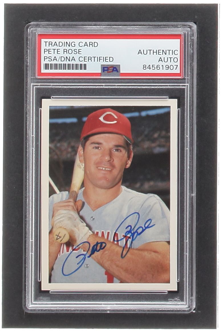 Pete Rose Signed 1985 Topps Rose #105 / Reds Smiling '60s (PSA) at PristineAuction.com Pete Rose Signed 1985 Topps Rose #105 / Reds Smiling '60s (PSA) at PristineAuction.com