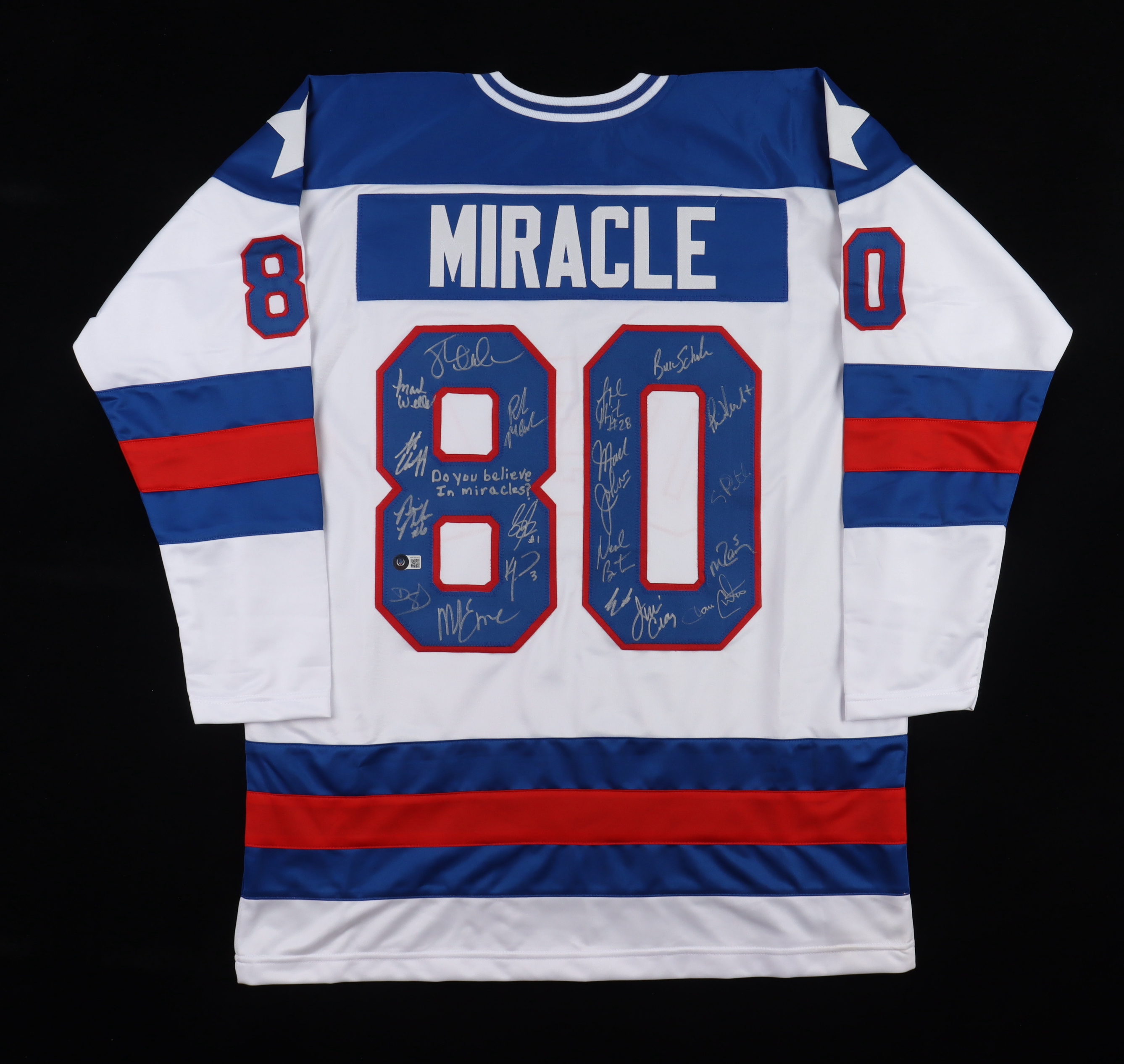 "Miracle On Ice" Jersey Signed by (19) with Steve Janaszak, Bill Baker, Dave Christian, Ken Morrow (Beckett) at PristineAuction.com "Miracle On Ice" Jersey Signed by (19) with Steve Janaszak, Bill Baker, Dave Christian, Ken Morrow (Beckett) at PristineAuction.com