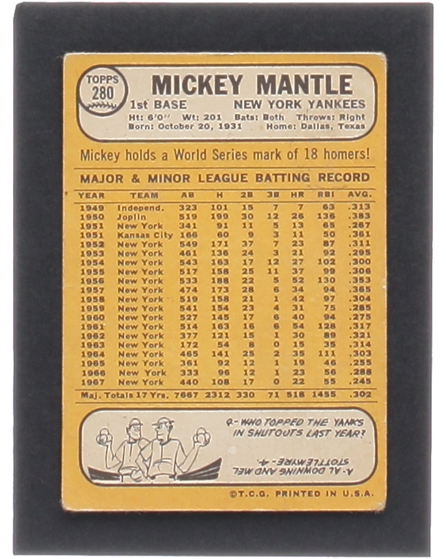 Mickey Mantle 1968 Topps #280 at PristineAuction.com Mickey Mantle 1968 Topps #280 at PristineAuction.com
