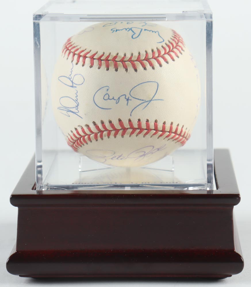 OAL Baseball Signed by (12) with Hank Aaron, Willie Mays, Cal Ripken Jr., Ernie Banks with Display Case (PSA) at PristineAuction.com OAL Baseball Signed by (12) with Hank Aaron, Willie Mays, Cal Ripken Jr., Ernie Banks with Display Case (PSA) at PristineAuction.com