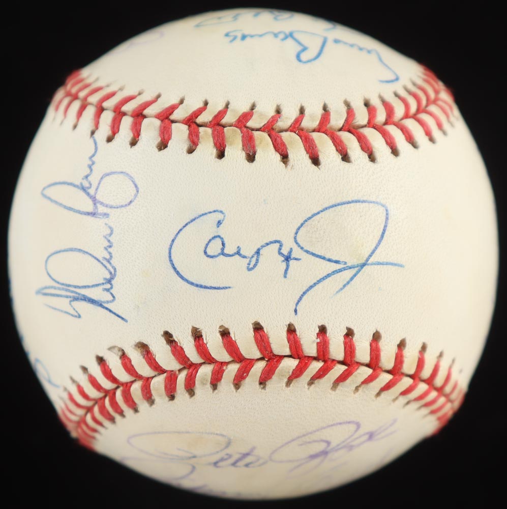 OAL Baseball Signed by (12) with Hank Aaron, Willie Mays, Cal Ripken Jr., Ernie Banks with Display Case (PSA) at PristineAuction.com OAL Baseball Signed by (12) with Hank Aaron, Willie Mays, Cal Ripken Jr., Ernie Banks with Display Case (PSA) at PristineAuction.com